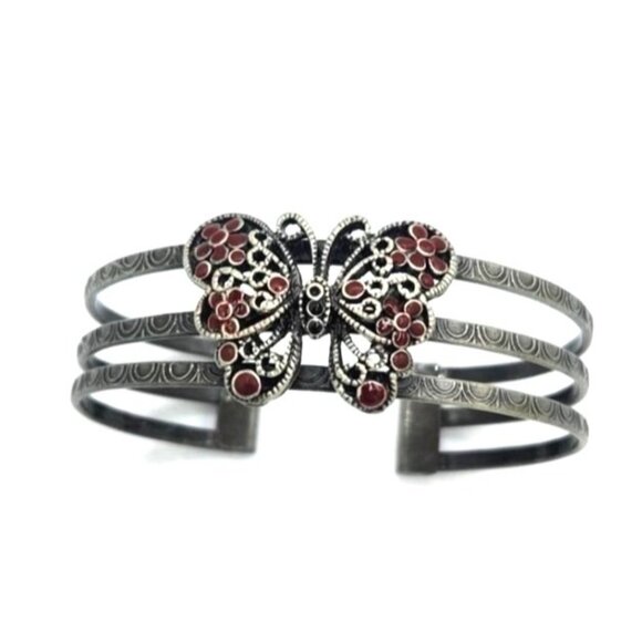 Vintage Metal Cuff Bracelet With Butterfly Accented With Red Enamel - Picture 1 of 4